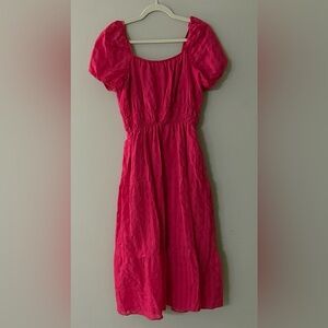 Anthropologie Women’s Square Neck Bright Pink Puff Sleeve Midi Dress Size Small
